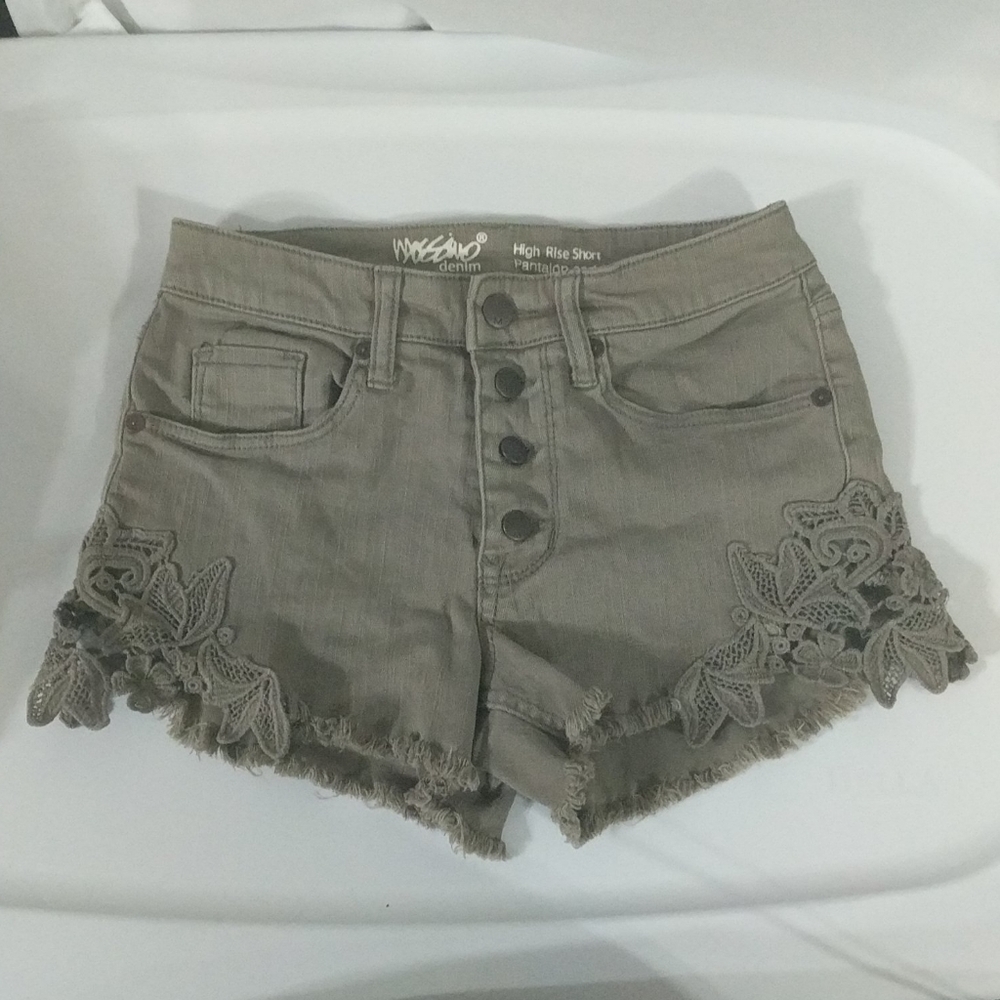 Mossimo Olive Green High Rise Denim Lace Raw Hem Shorts - 0/25